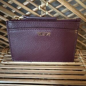 TUMI Belden SLG Zip Card Case Cordovan (Burgundy) Gold Small Leather Wallet NWT